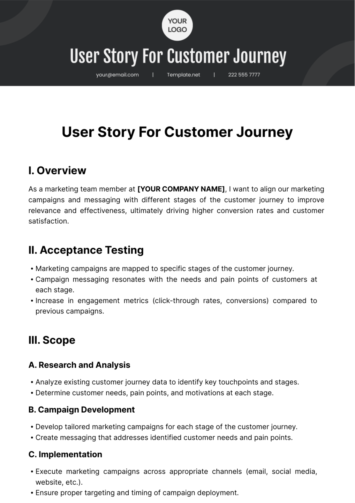 User Story For Customer Journey Template