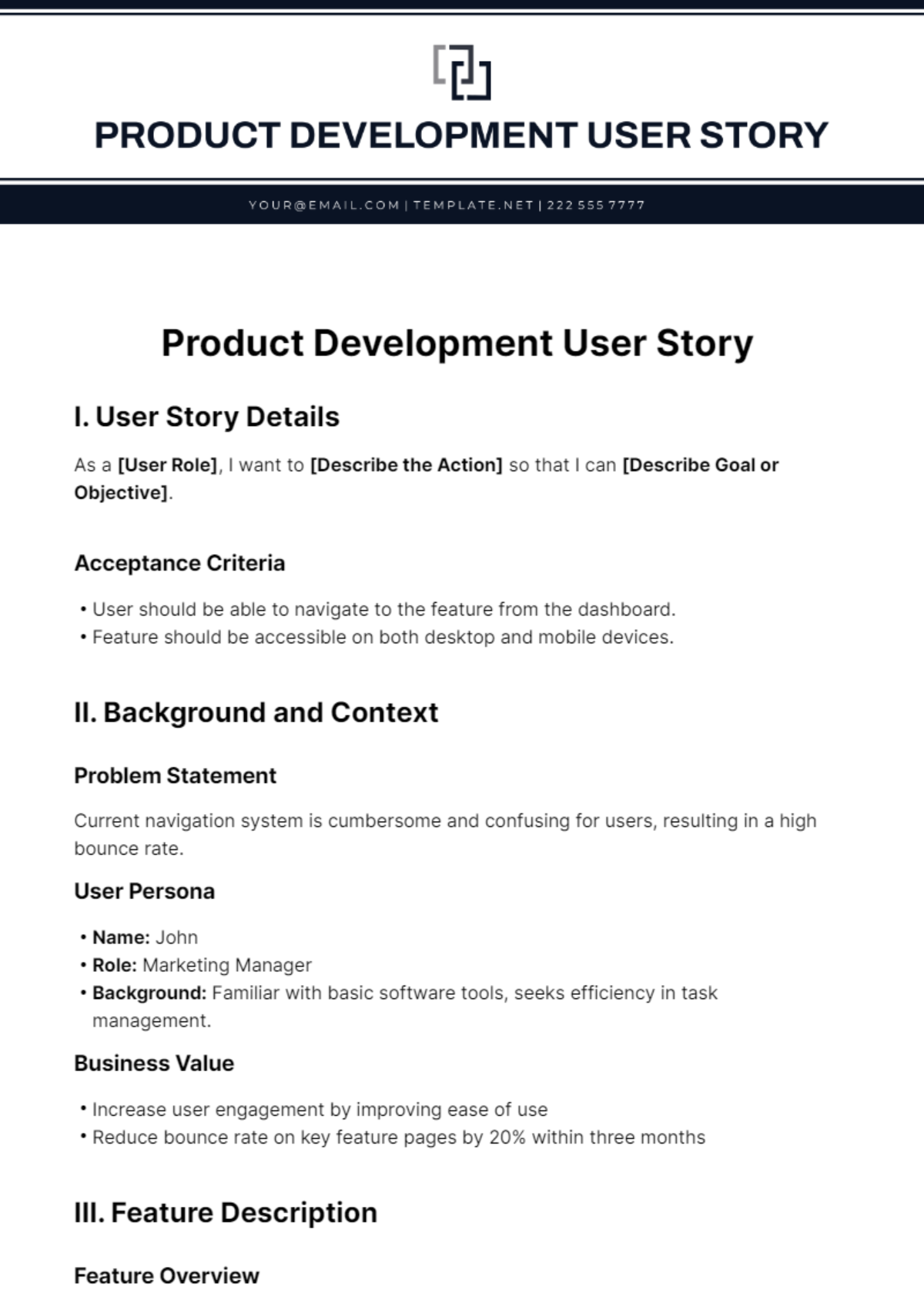 Free Product Development User Story Template