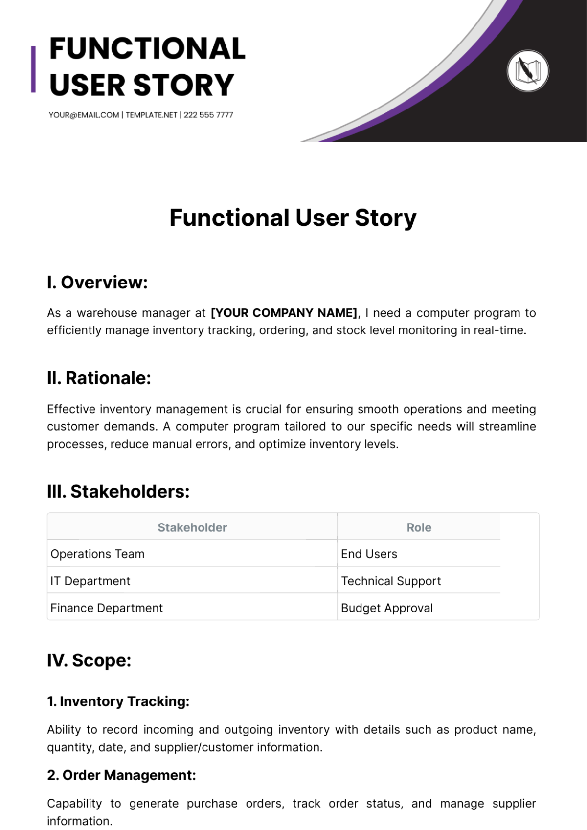 Free Functional User Story Template