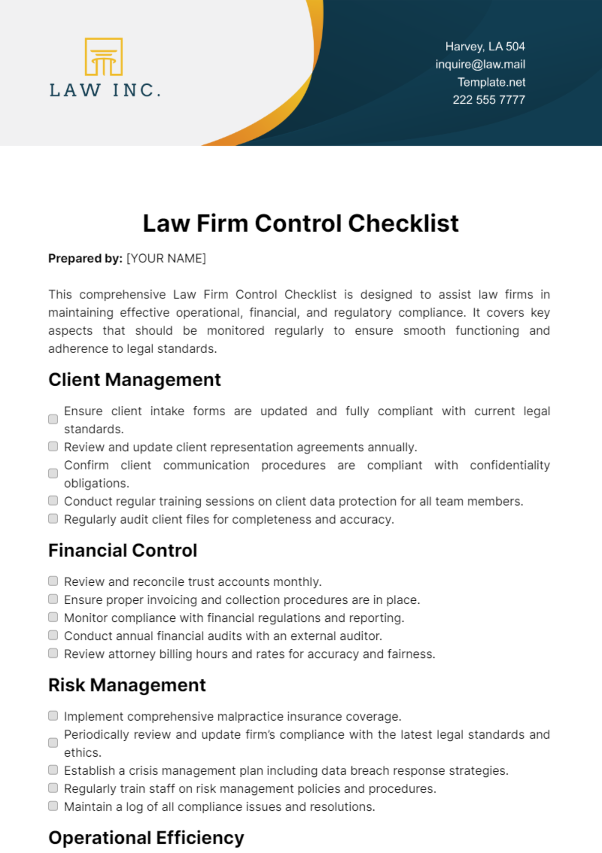 Law Firm Control Checklist Template