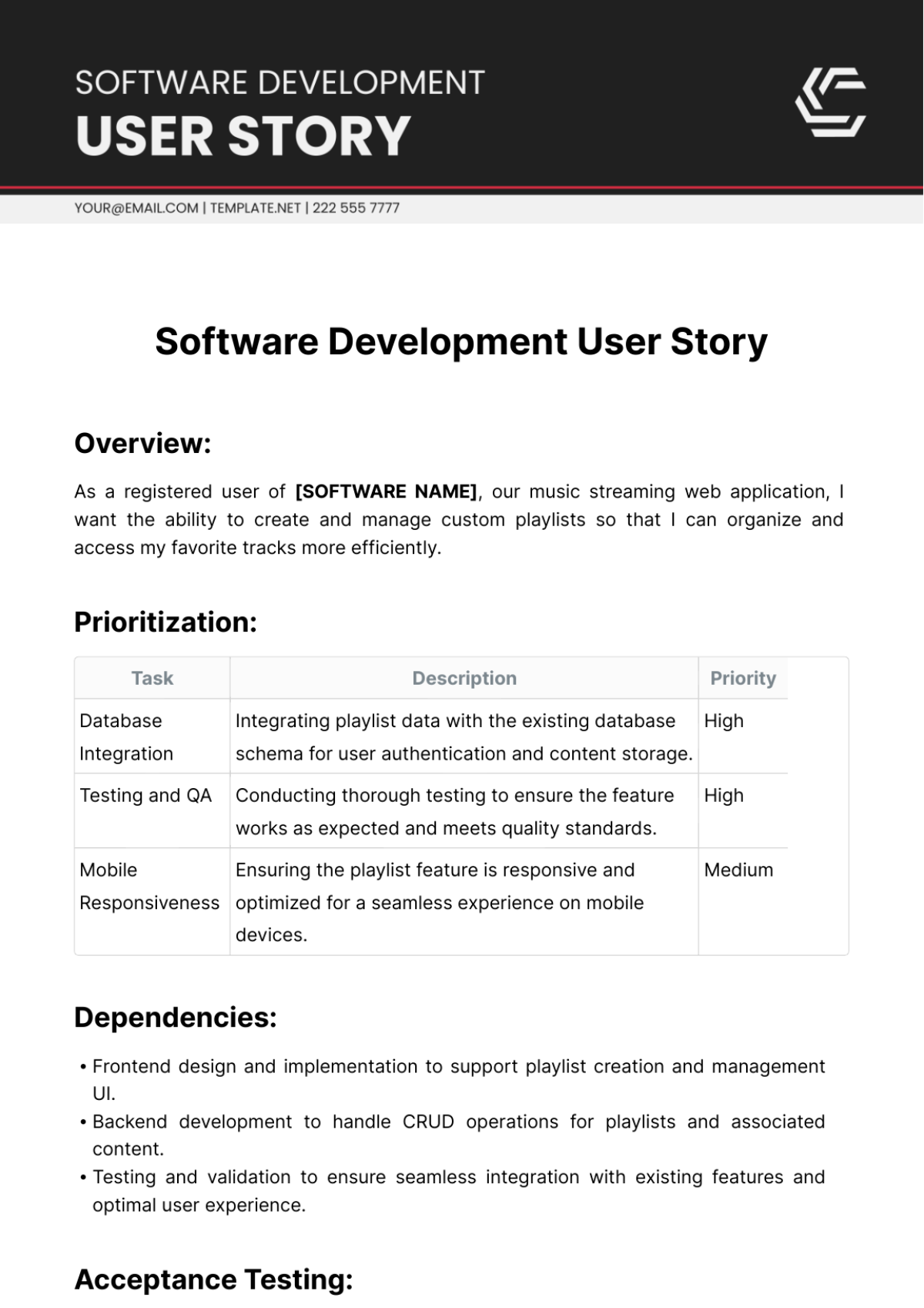 Software Development User Story Template