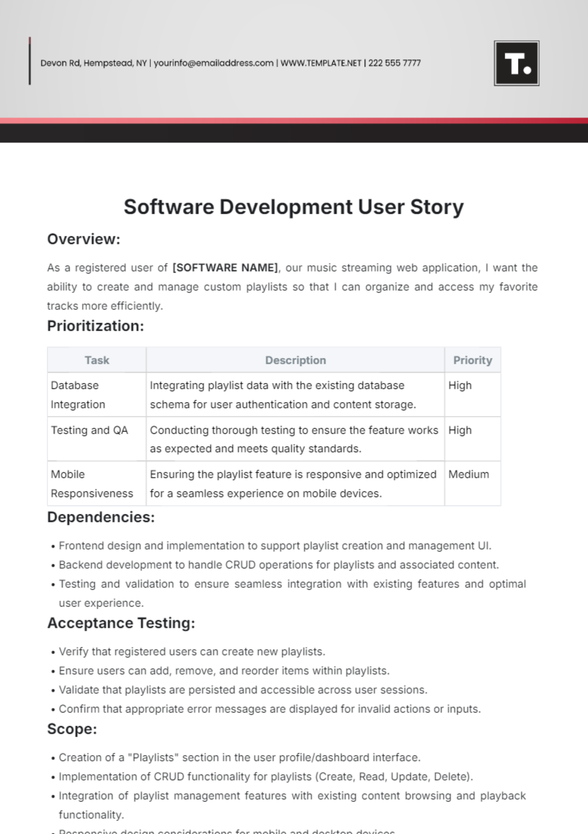 Software Development User Story Template - Edit Online & Download