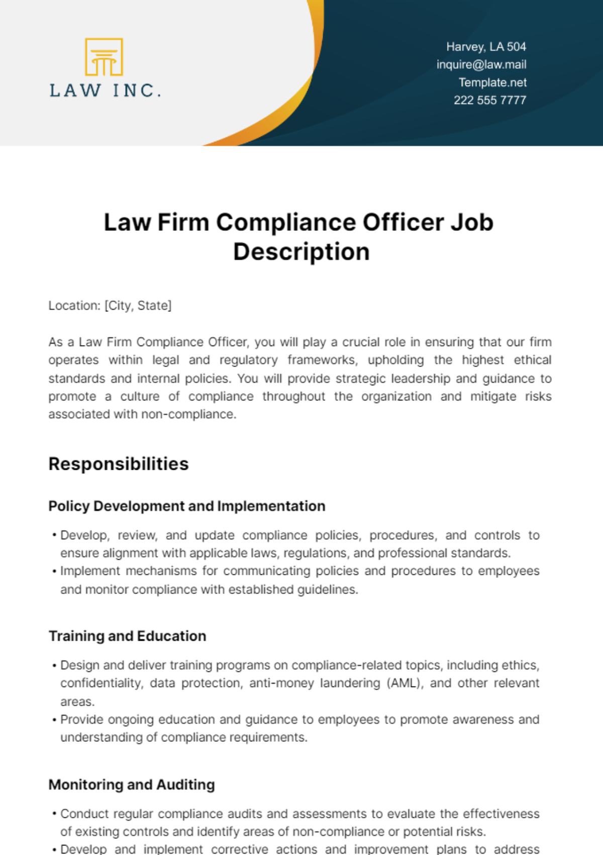 Law Firm Compliance Officer Job Description Template