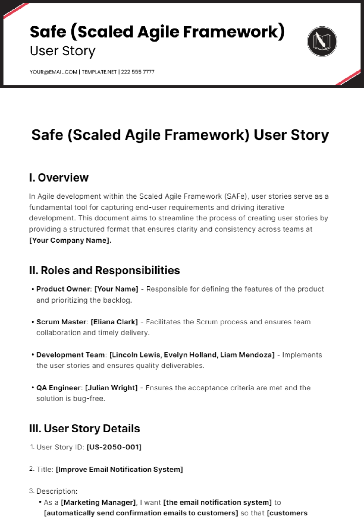 Free Safe (Scaled Agile Framework) User Story Template