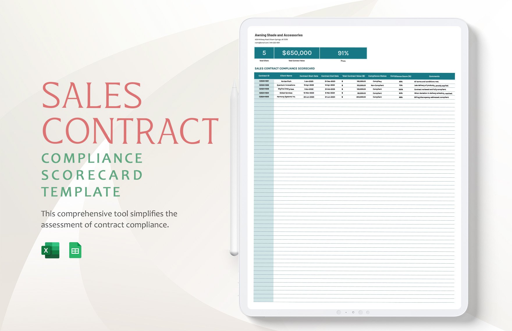Sales Contract Compliance Scorecard Template in Excel, Google Sheets