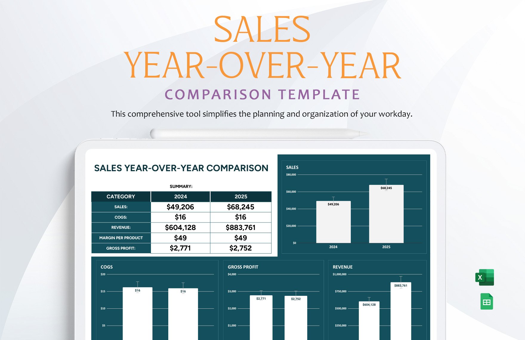 Sales Year-over-Year Comparison Template in Excel, Google Sheets