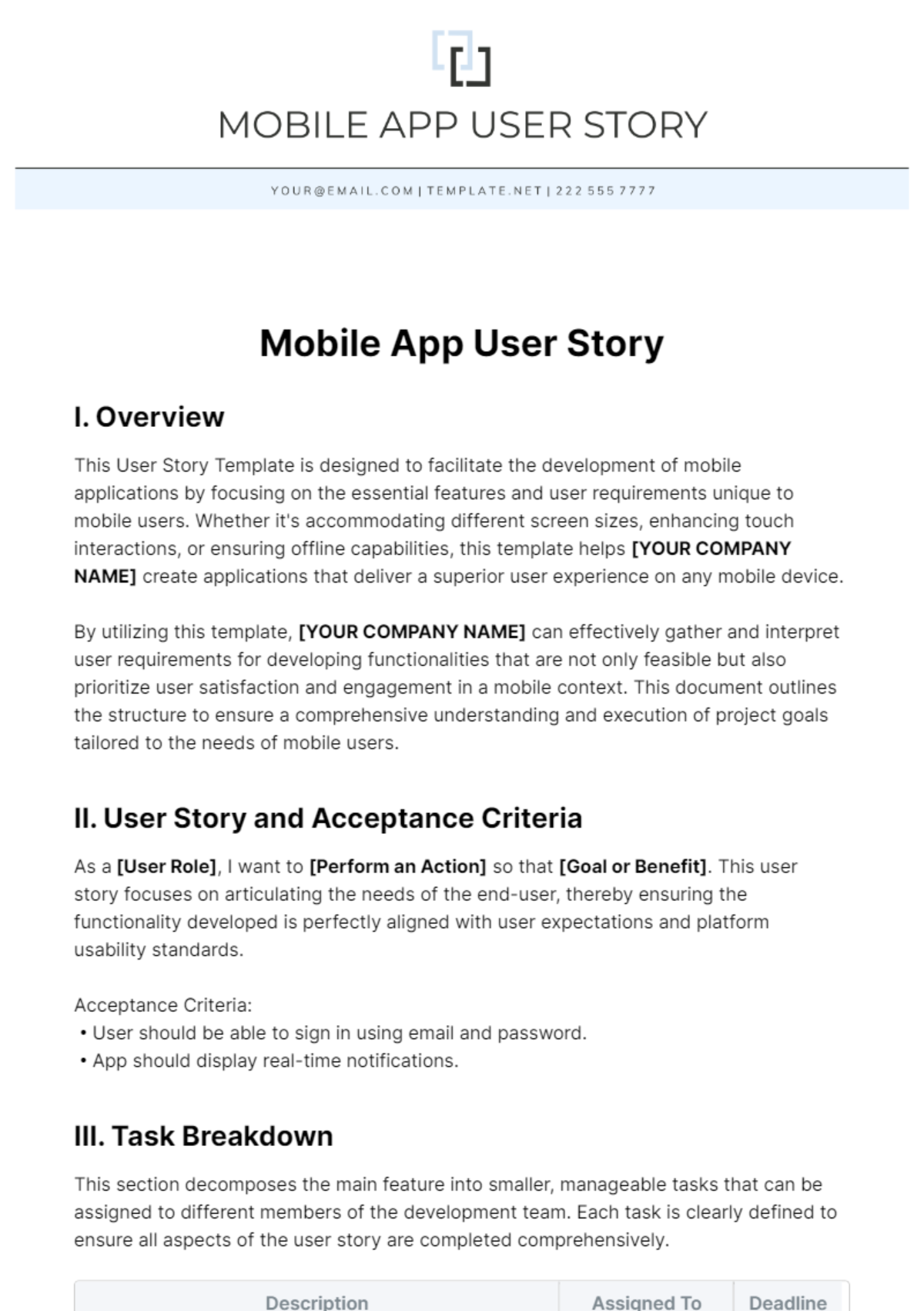 Free Mobile App User Story Template