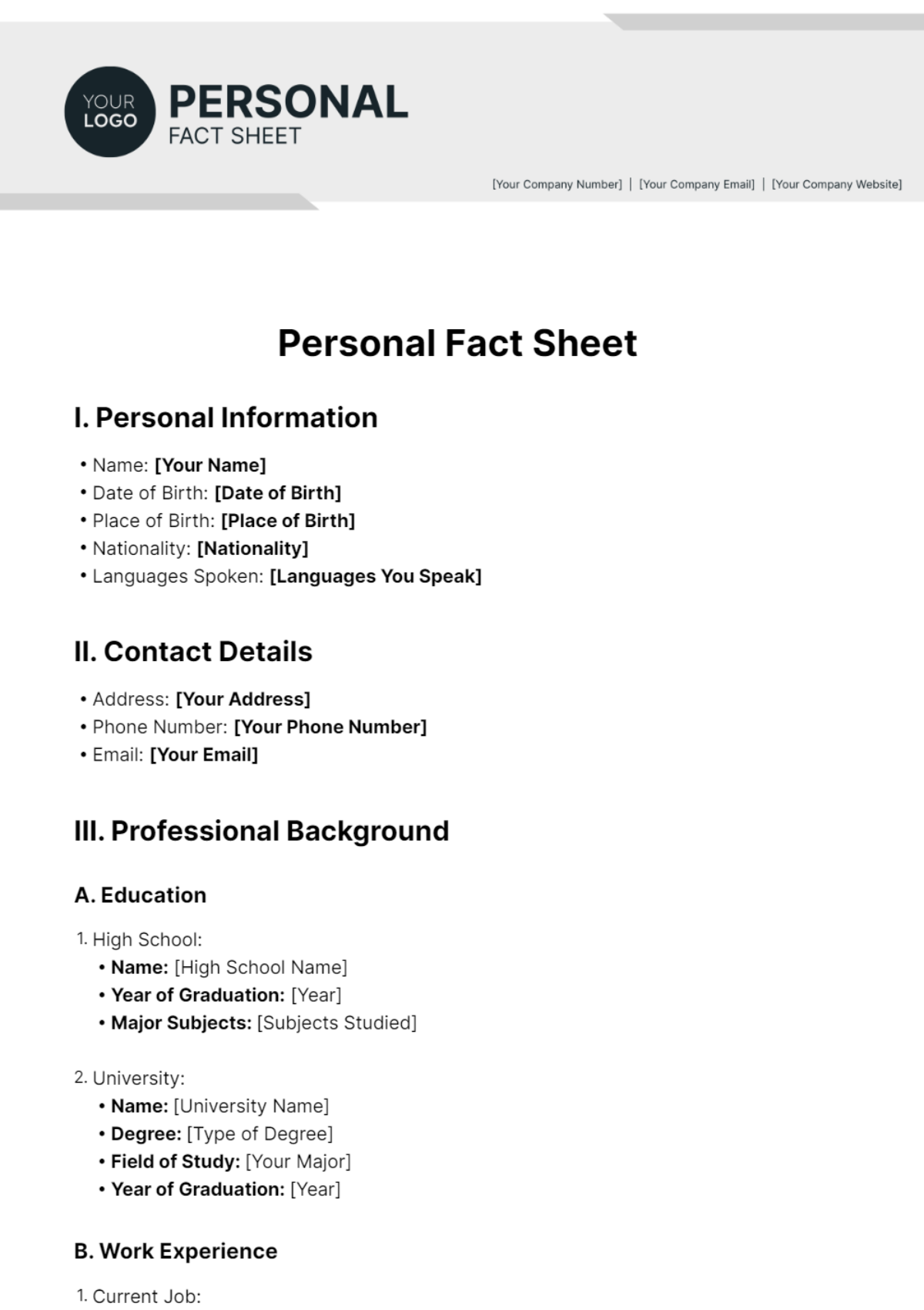 Personal Fact Sheet Template