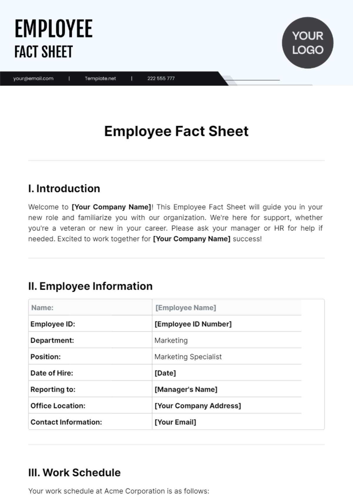 Employee Fact Sheet Template