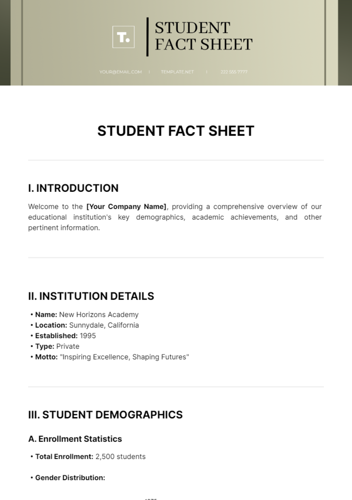 Student Fact Sheet Template
