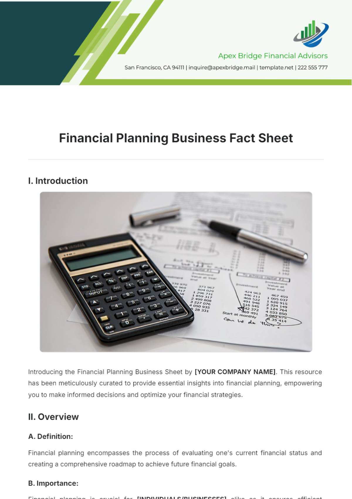 Financial Planning Business Fact Sheet Template - Edit Online & Download