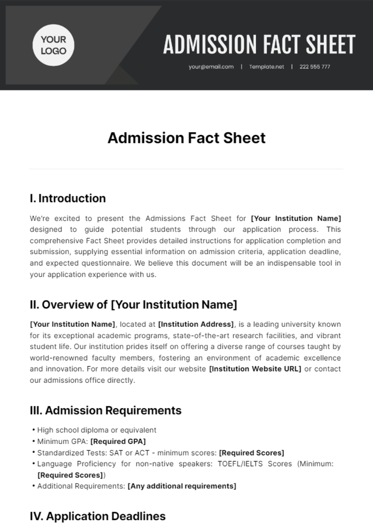 Free Admission Fact Sheet Template