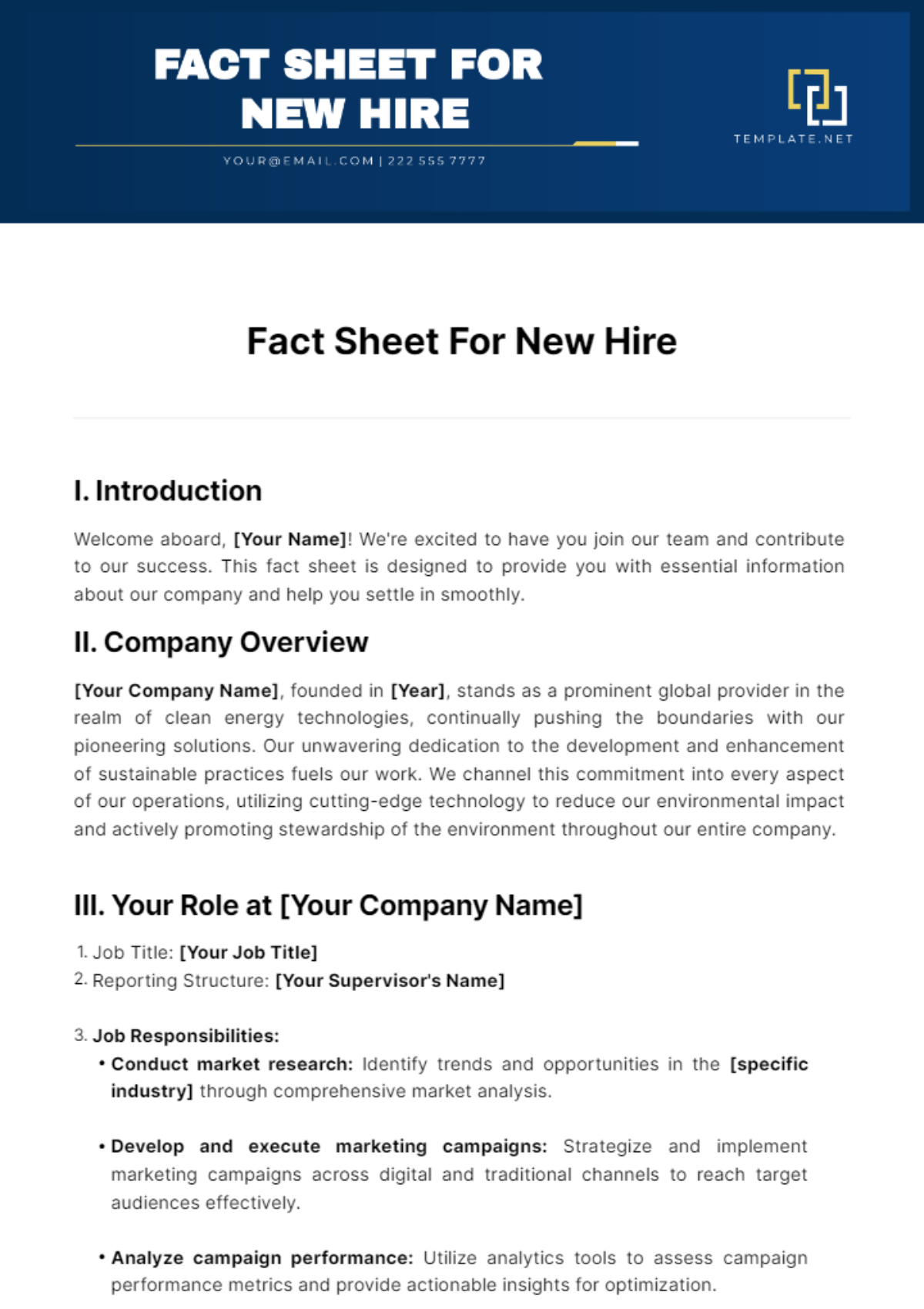 Fact Sheet For New Hire Template