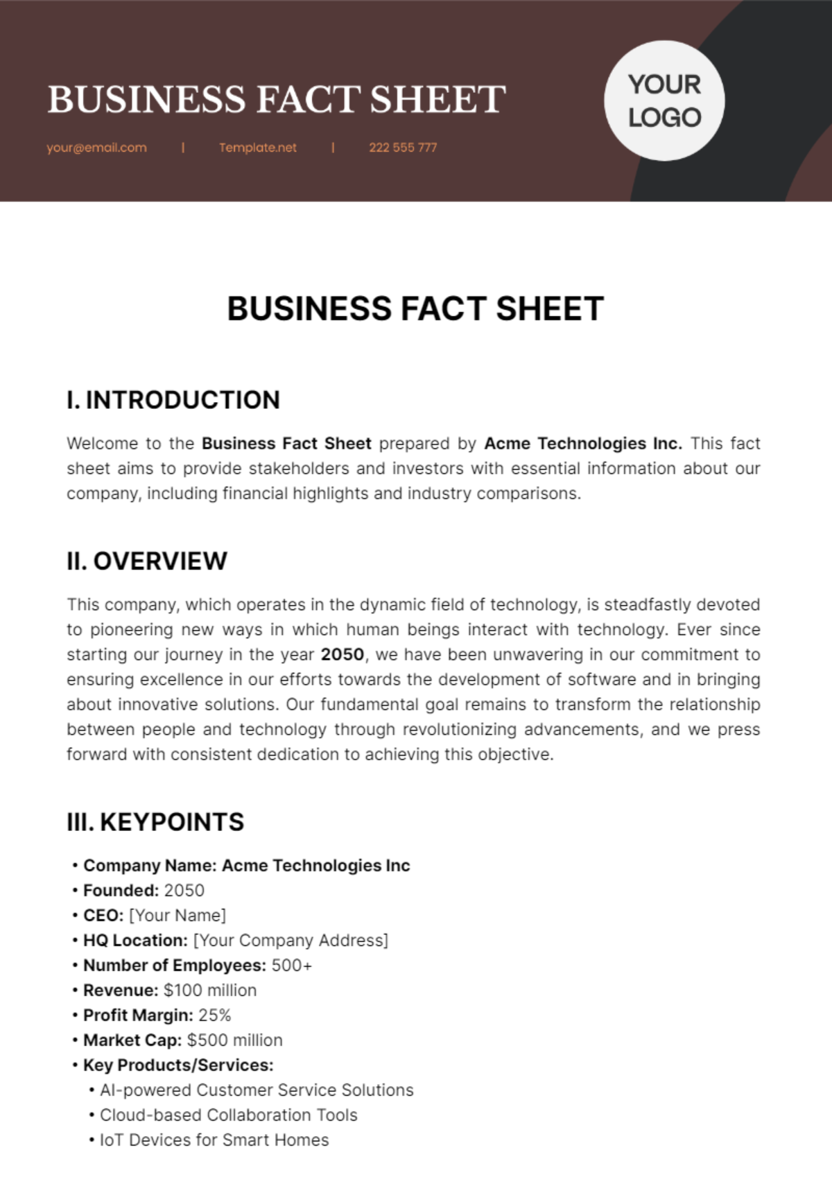 Free Business Fact Sheet Template