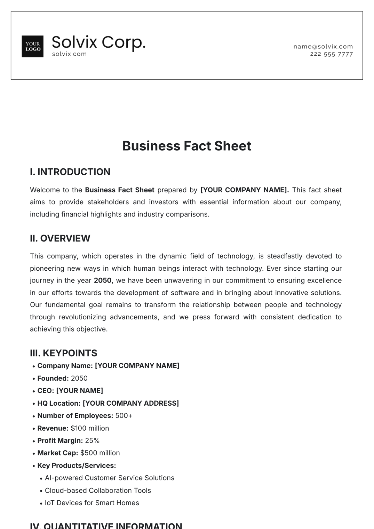 Business Fact Sheet Template