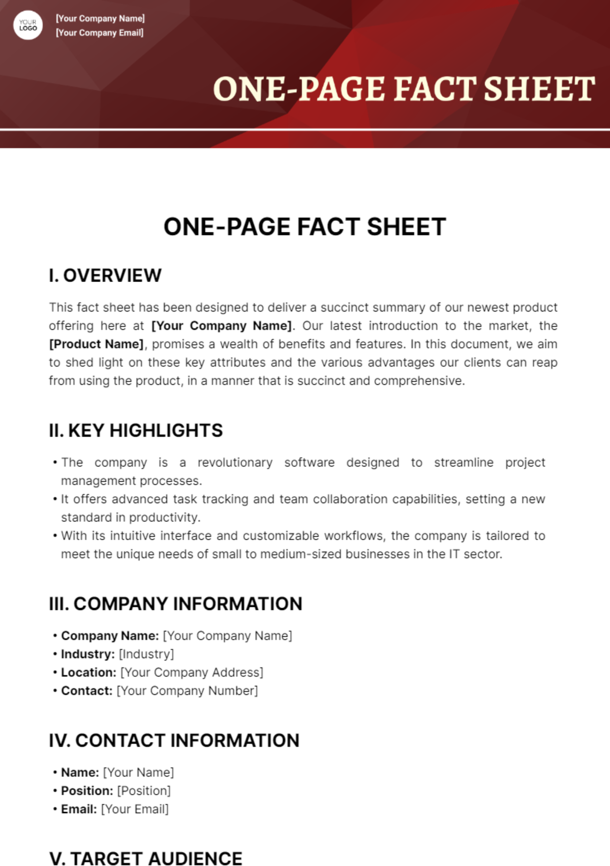 One Page Fact Sheet Template