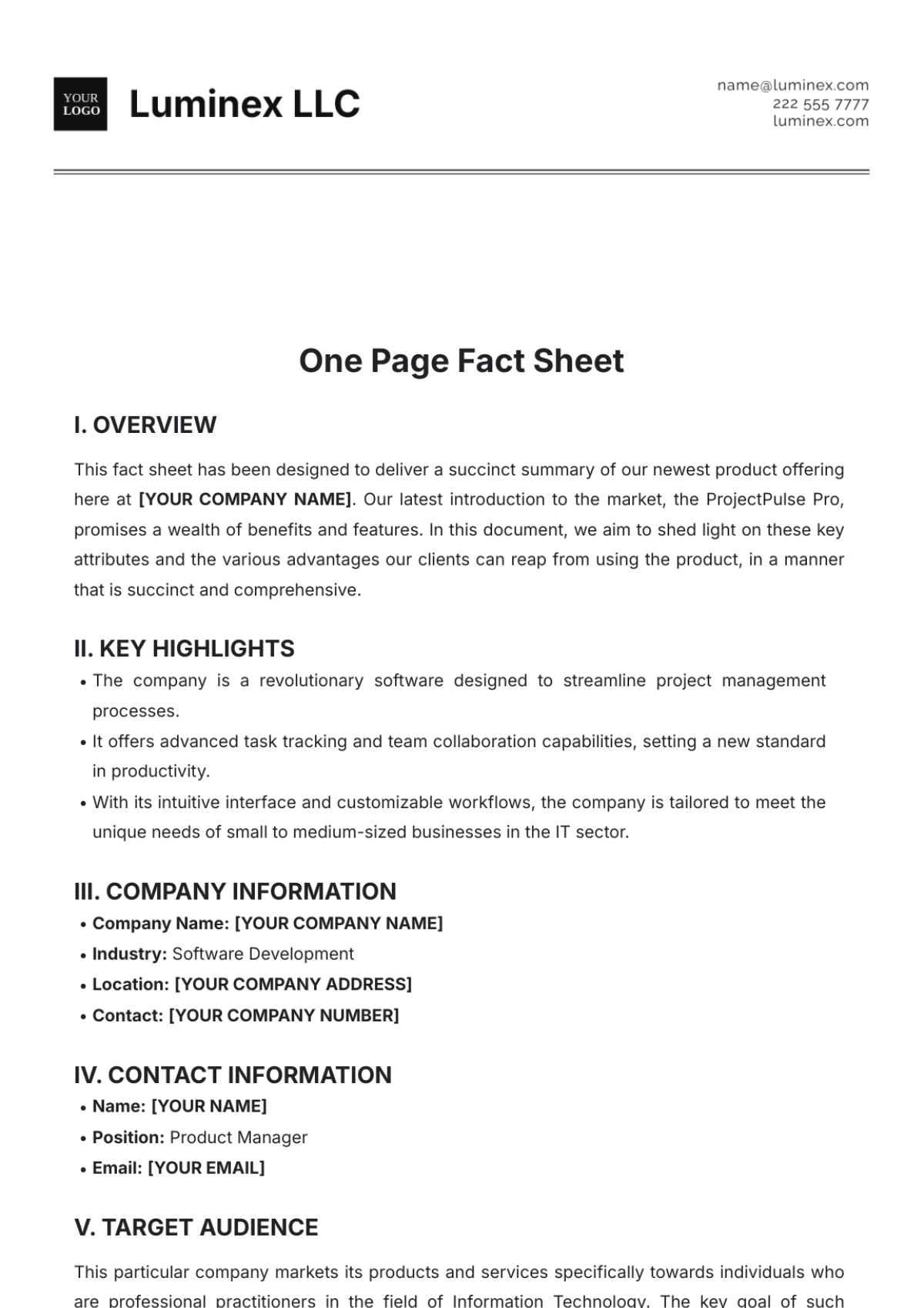 Professional One Page Fact Sheet Template