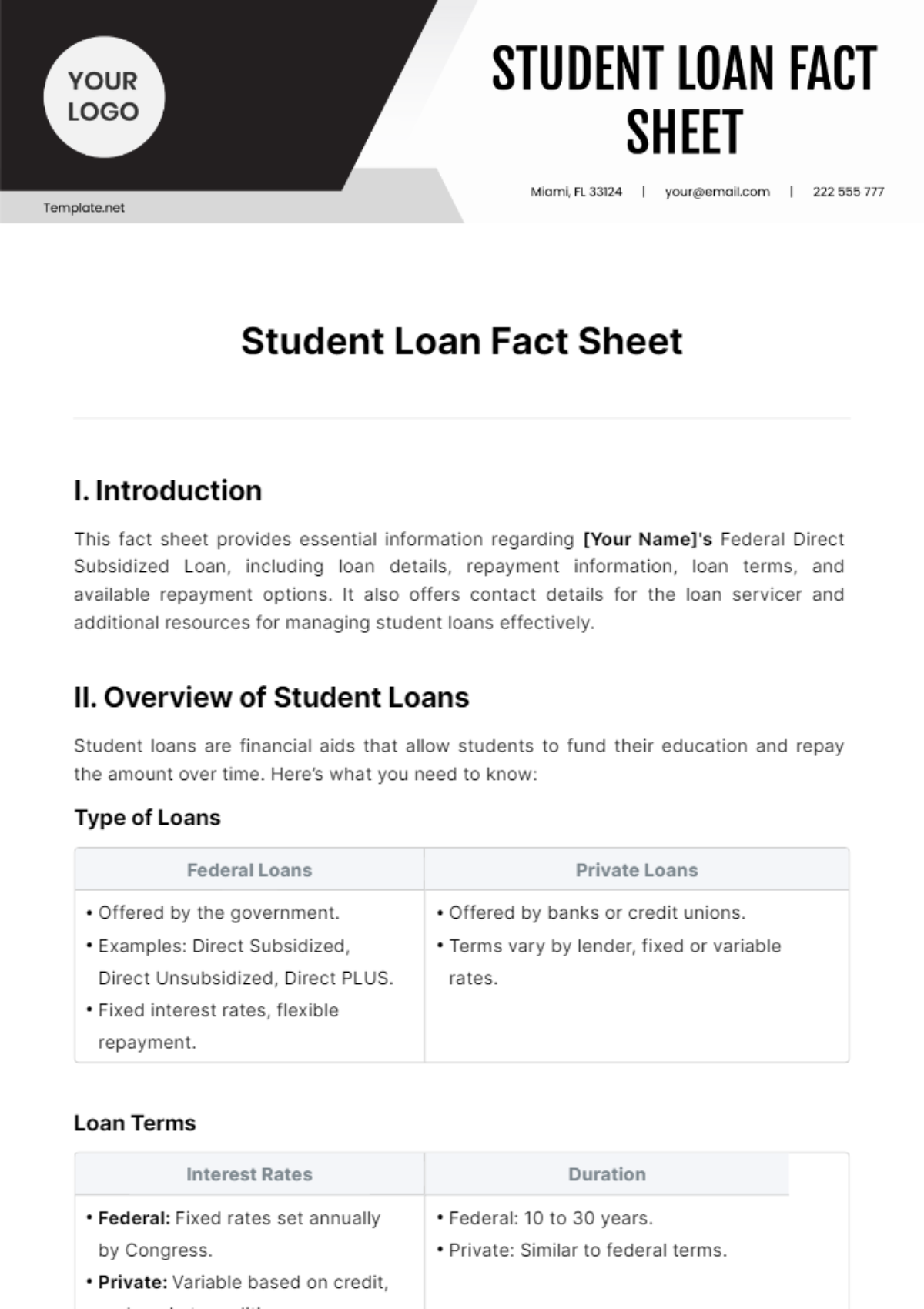 Student Loan Fact Sheet Template