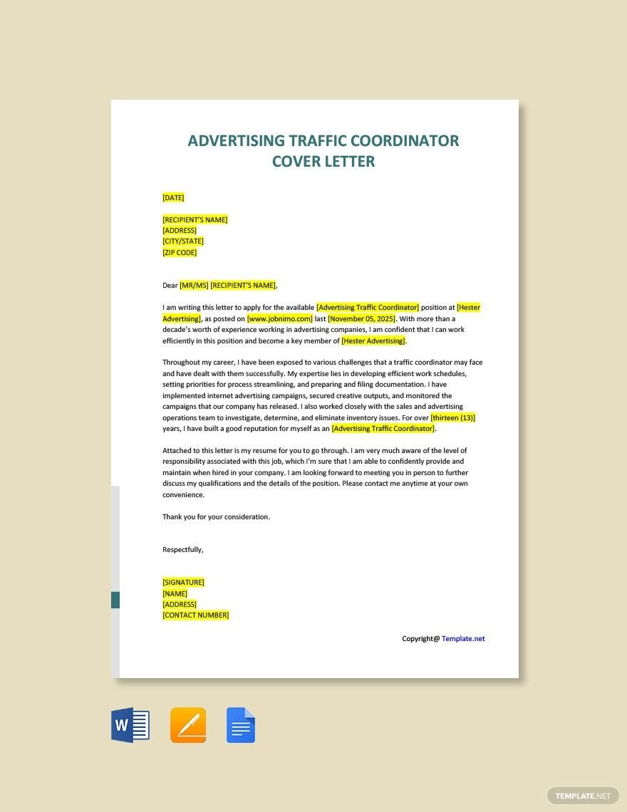 Advertising Traffic Coordinator Cover Letter Template