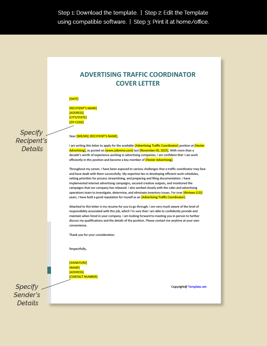 Advertising Traffic Coordinator Cover Letter
