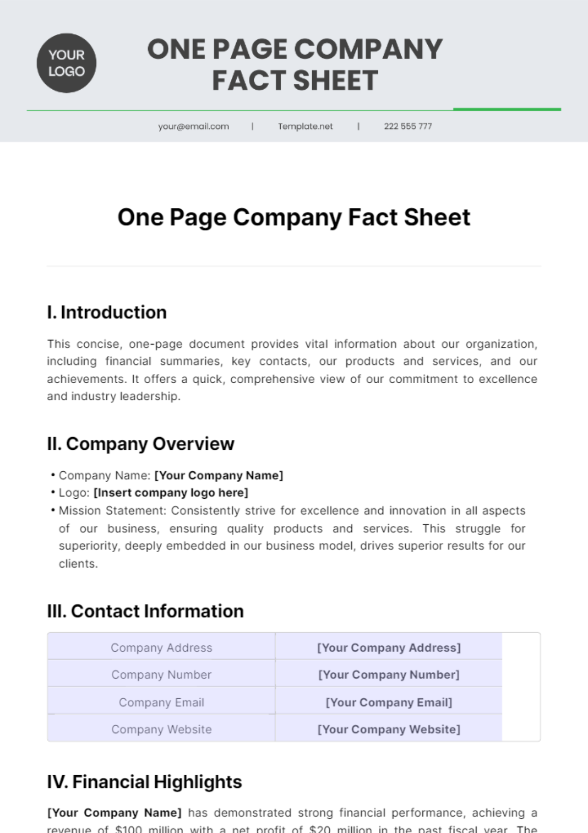 One Page Company Fact Sheet Template