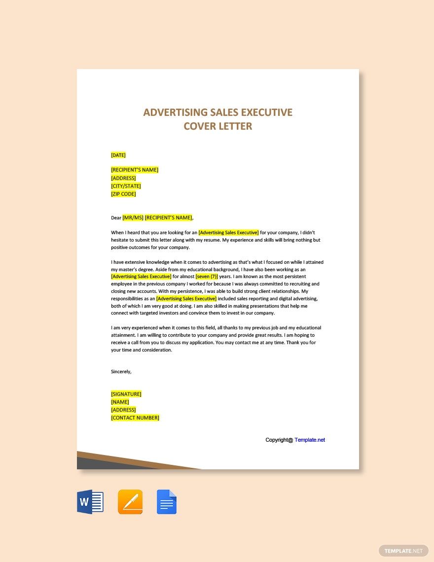 Free Advertising Sales Executive Cover Letter in Word, Google Docs, PDF, Apple Pages