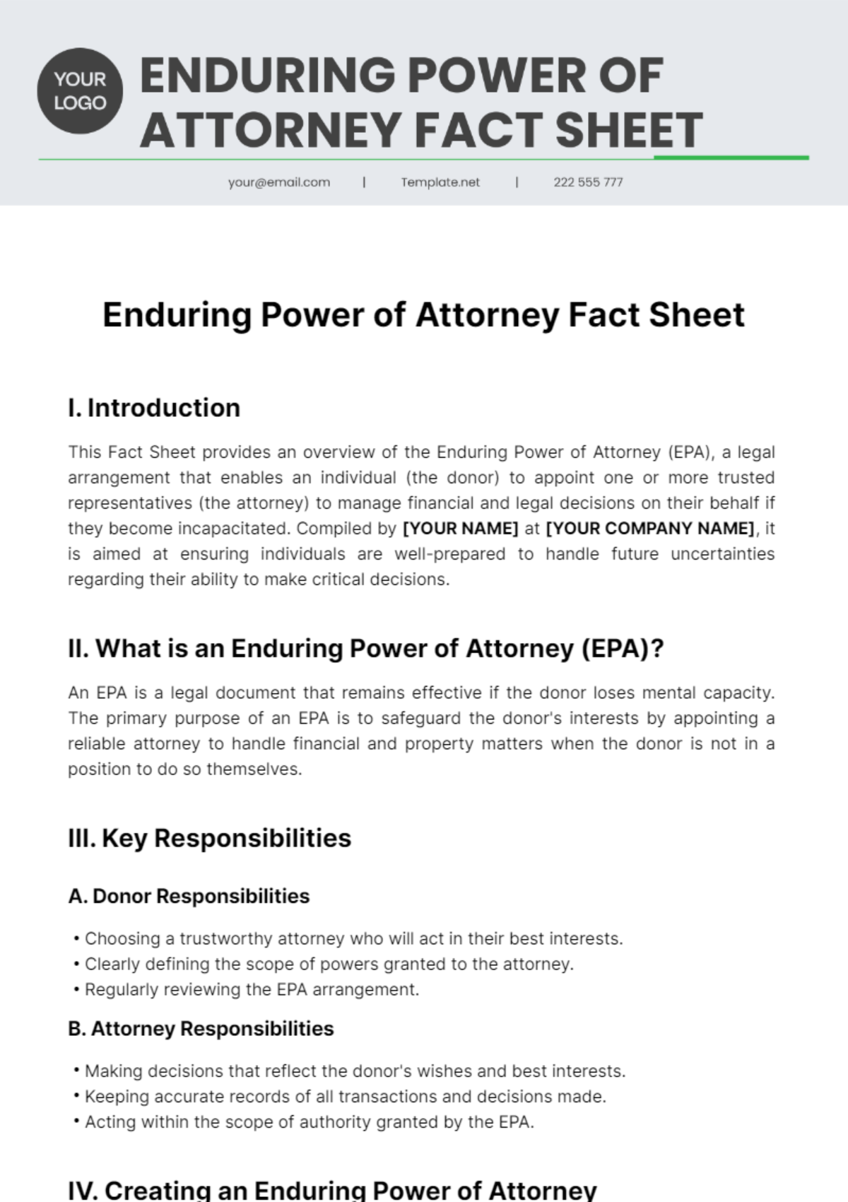 Free Enduring Power Of Attorney Fact Sheet Template