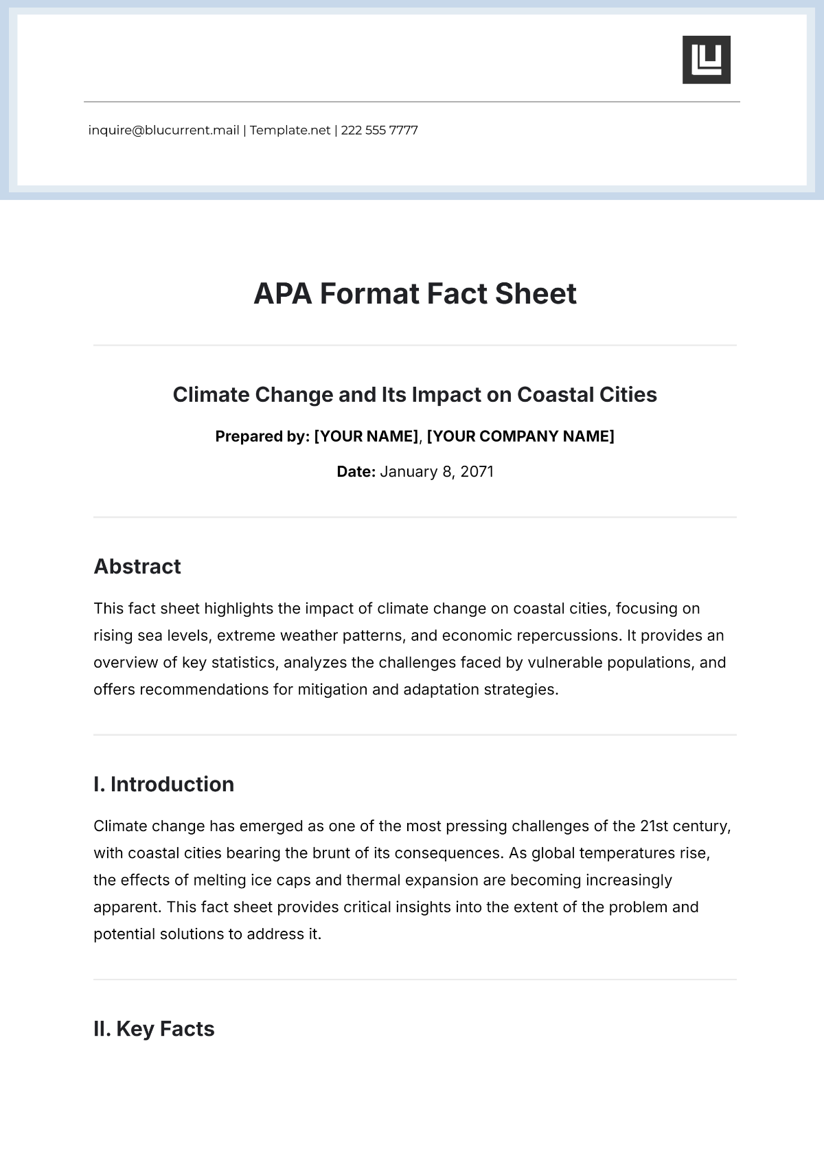 Free APA Format Fact Sheet Template