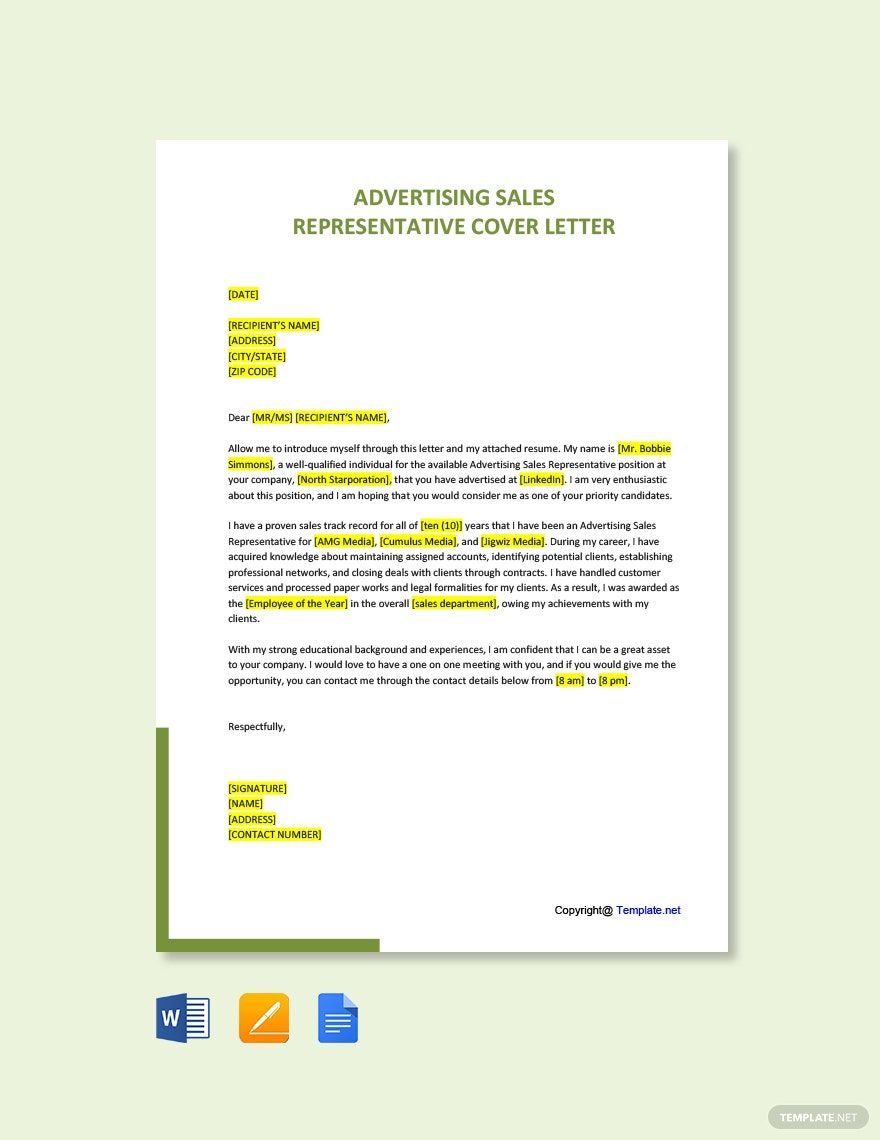 Advertising Sales Representative Cover Letter Template