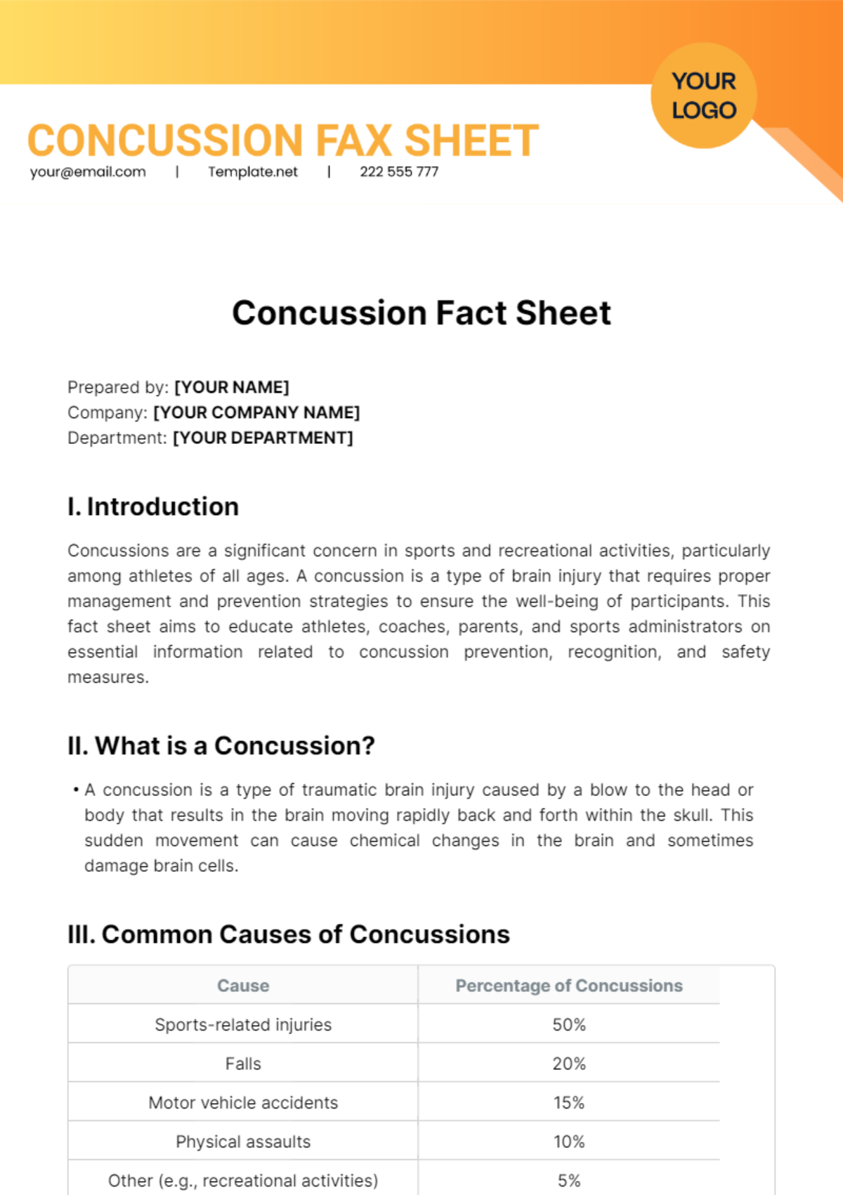 Concussion Fact Sheet Template