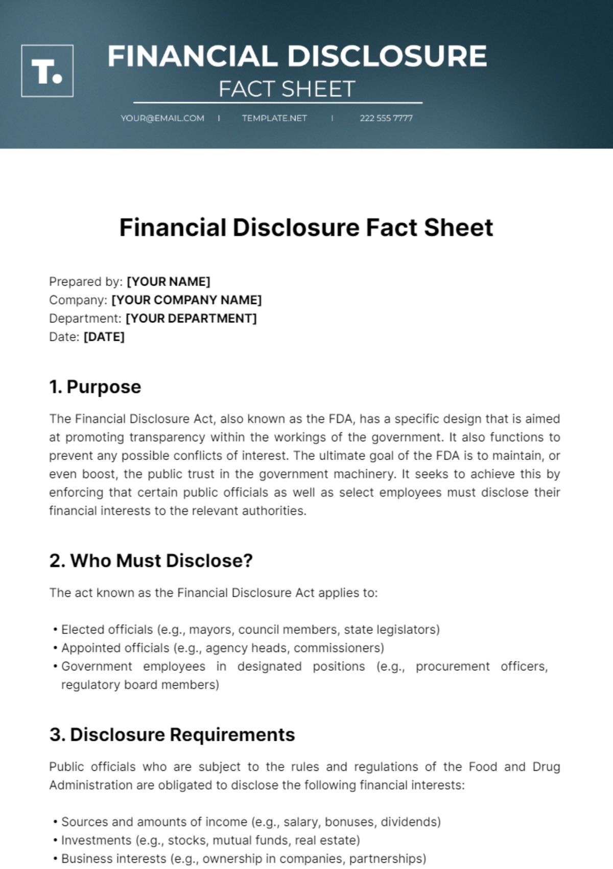 Free Financial Disclosure Act Fact Sheet Template