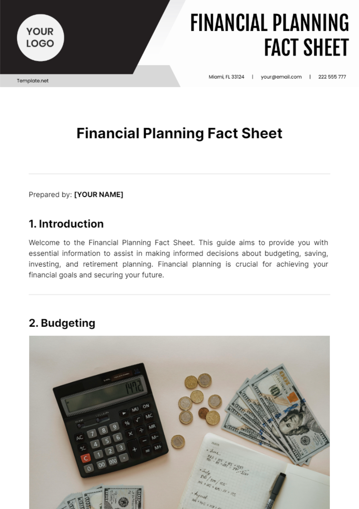 Financial Planning Fact Sheet Template
