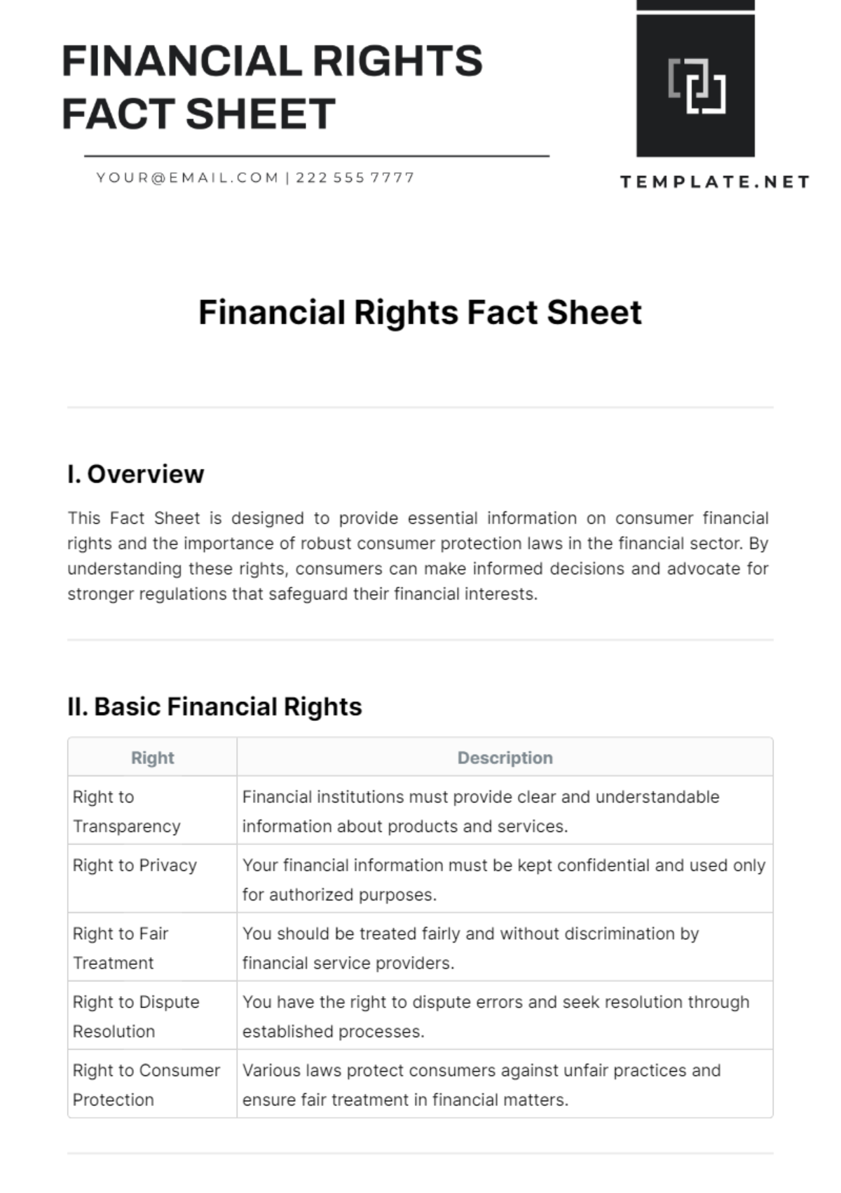 Free Financial Rights Fact Sheet Template