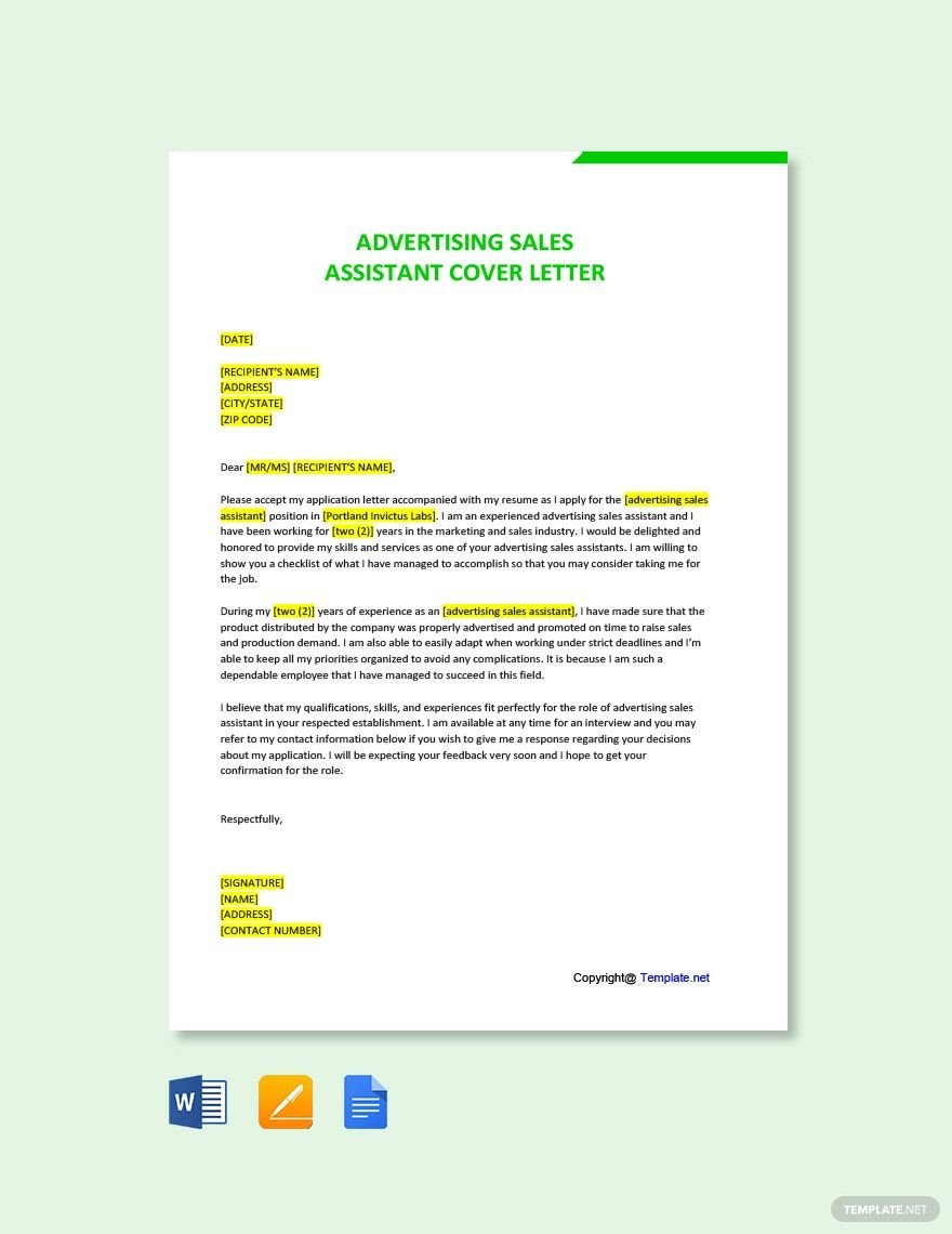 Free Advertising Sales Assistant Cover Letter Template