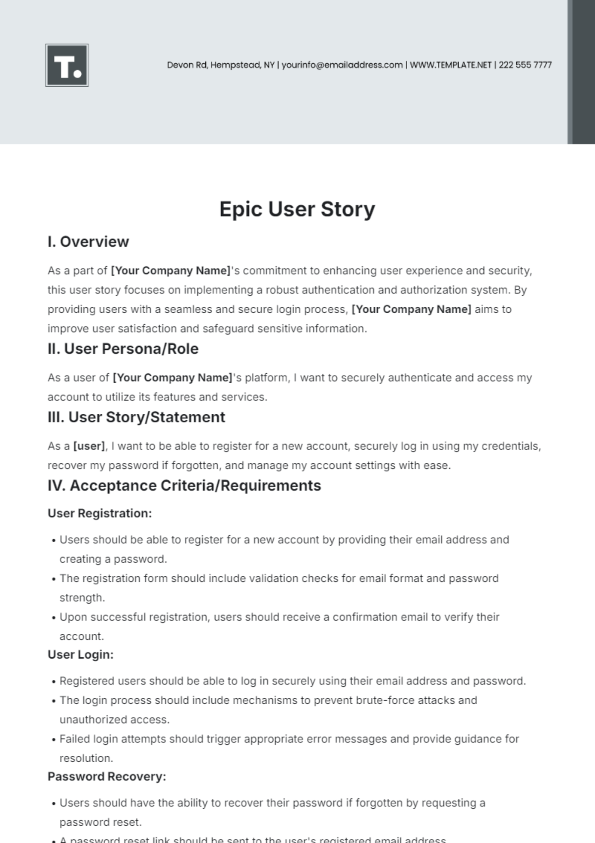 Epic User Story Template - Edit Online & Download