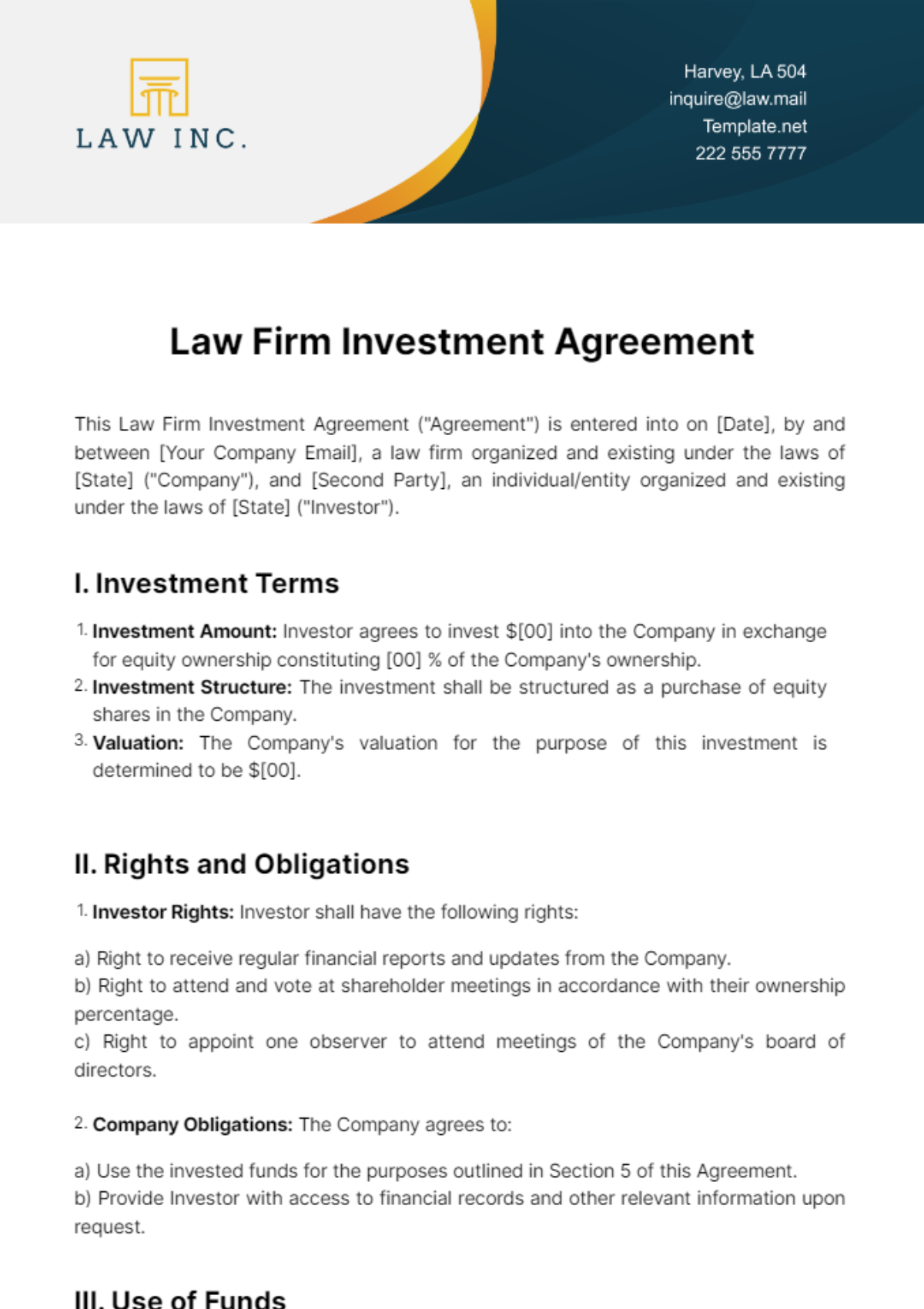 Law Firm Investment Agreement Template