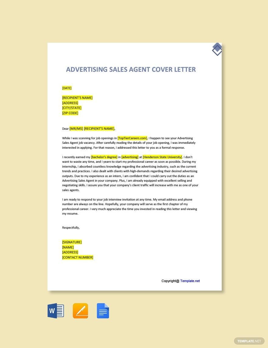 Free Advertising Sales Agent Cover Letter Template