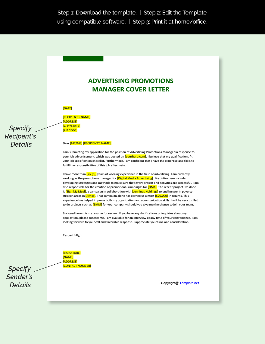 Advertising Promotions Manager Cover Letter