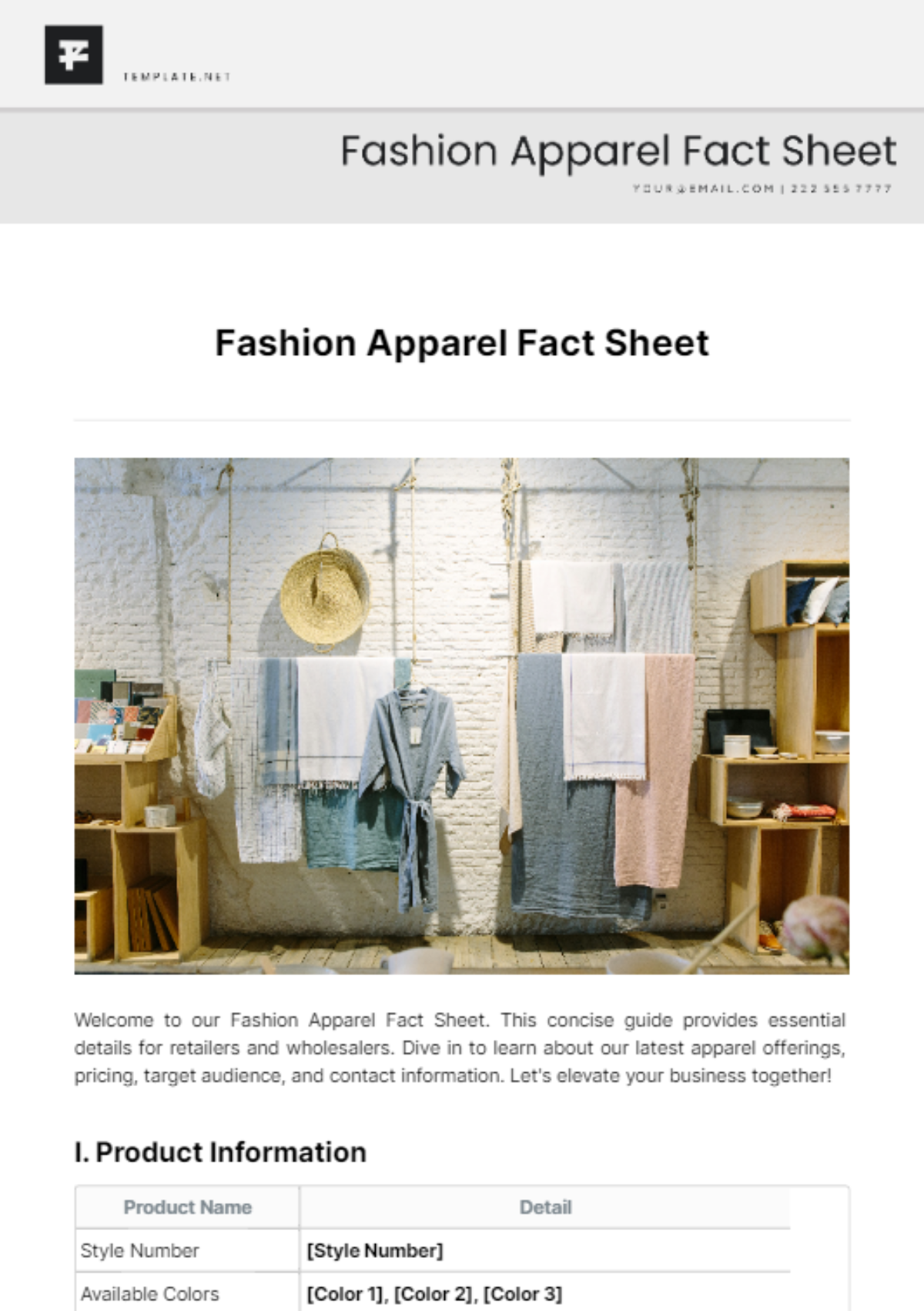 Free Fashion Apparel Fact Sheet Template