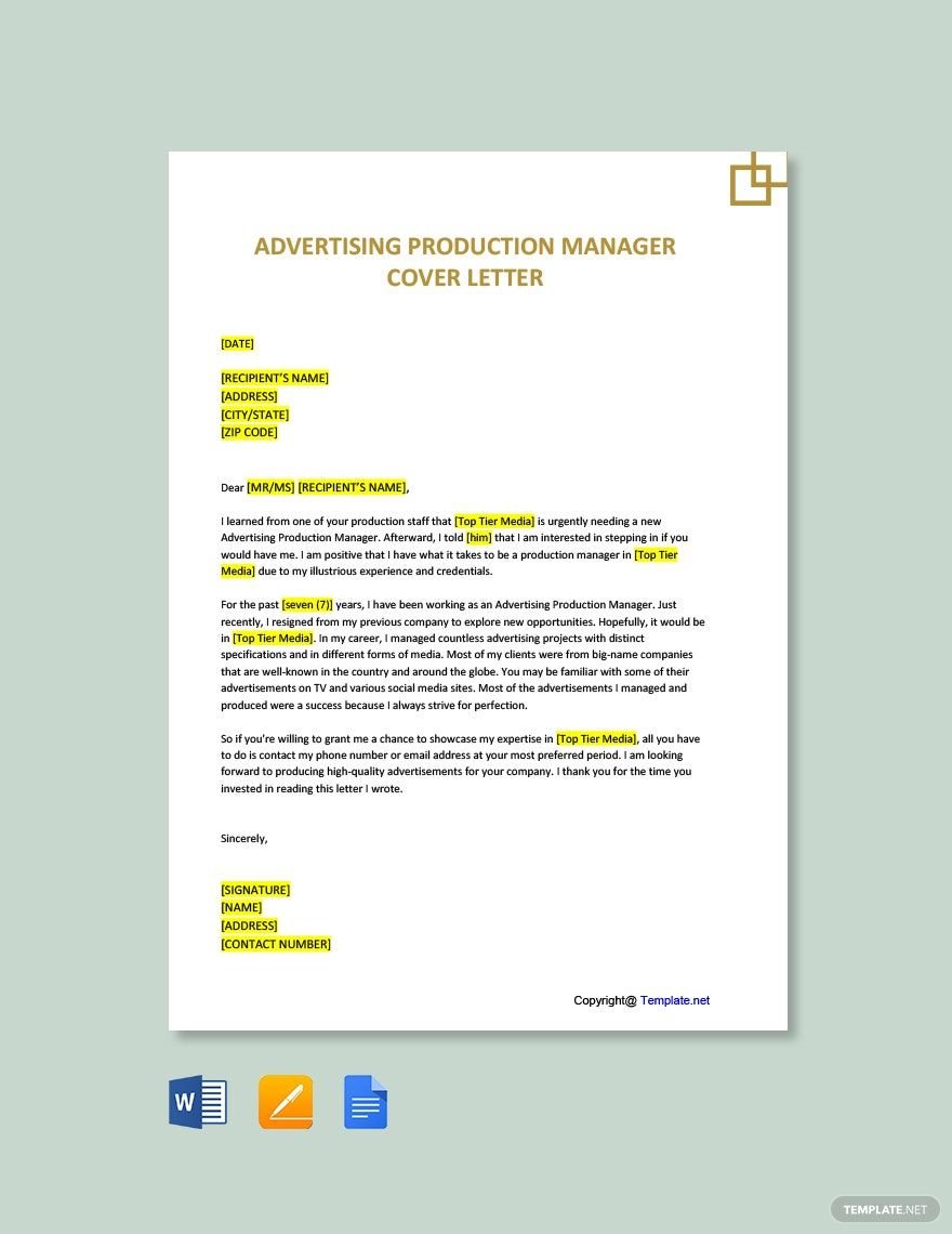 Advertising Production Manager Cover Letter Template