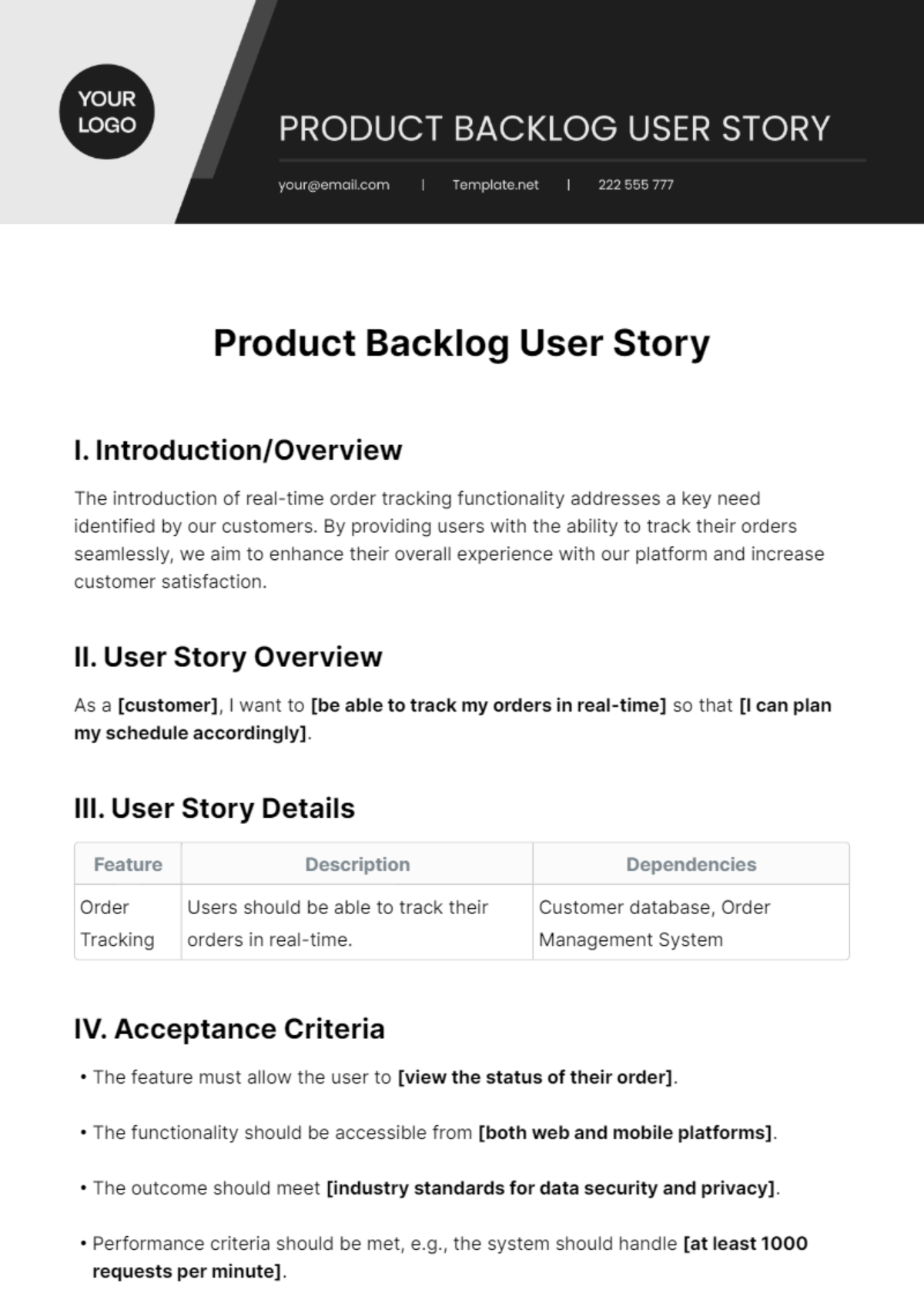 Free Product Backlog User Story Template