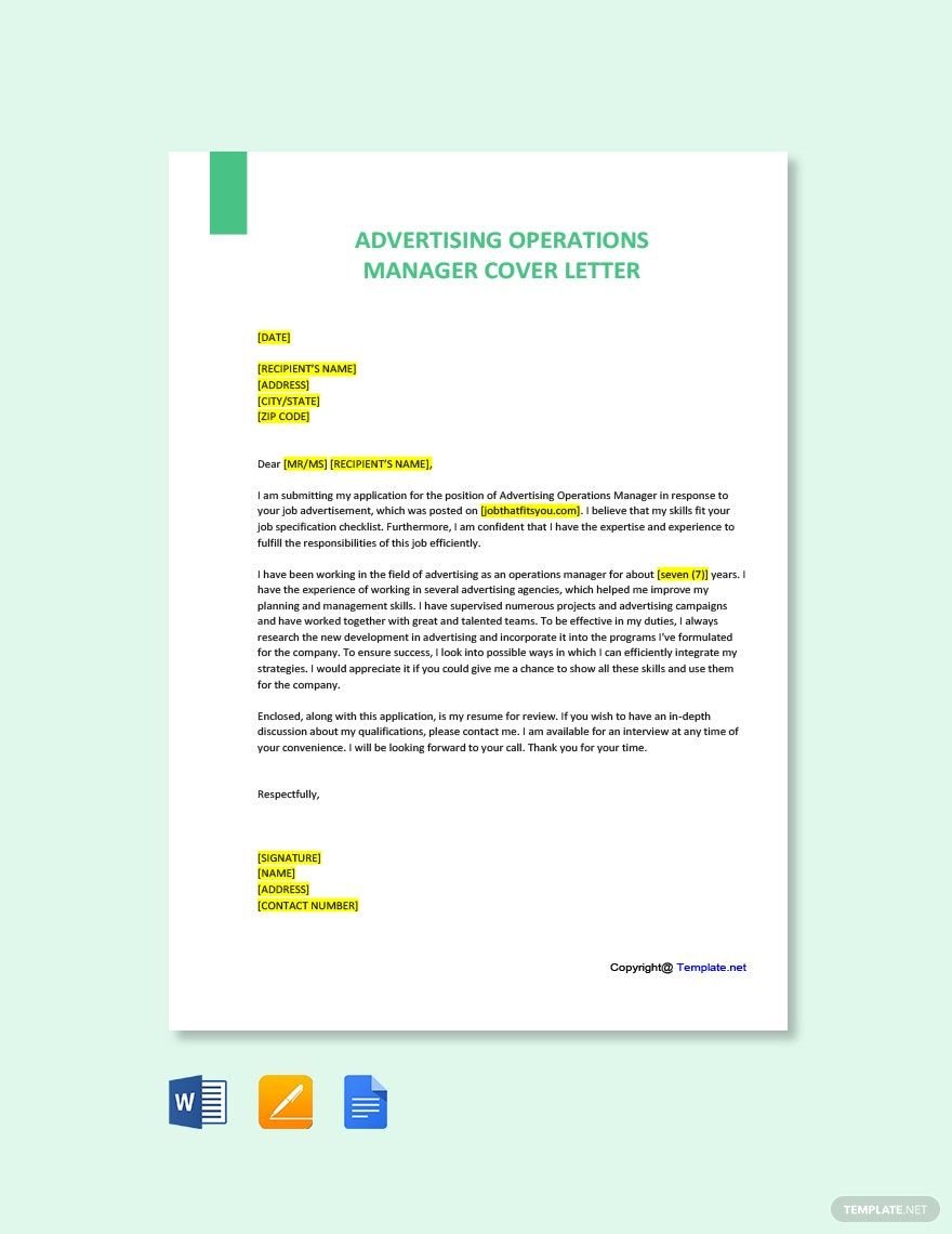 Advertising Operations Manager Cover Letter