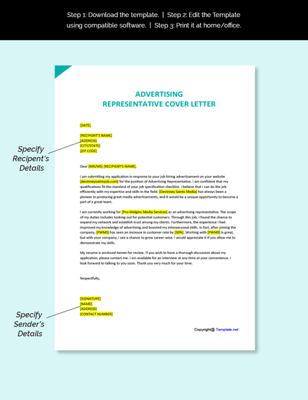 Advertising Representative Cover Letter Template - Google Docs, Word ...