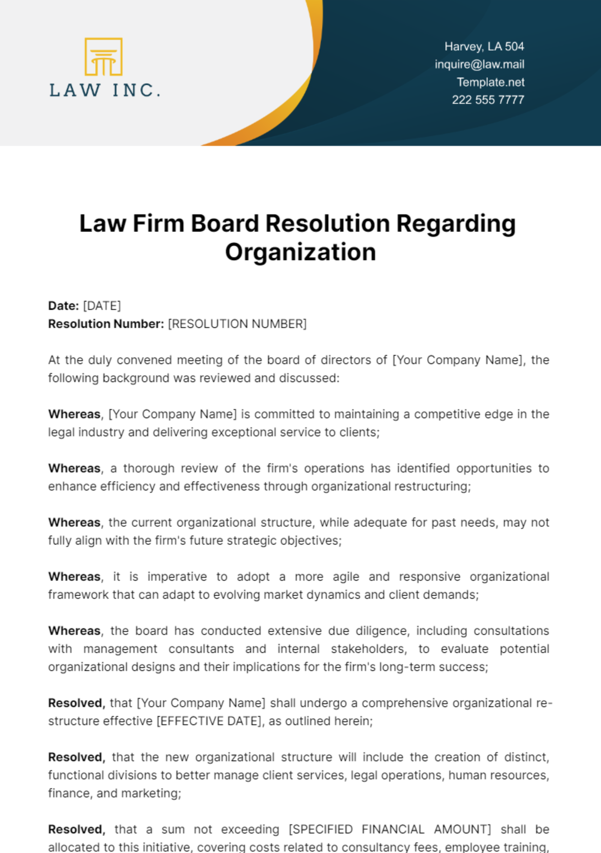 Law Firm Board Resolution Regarding Organization Template