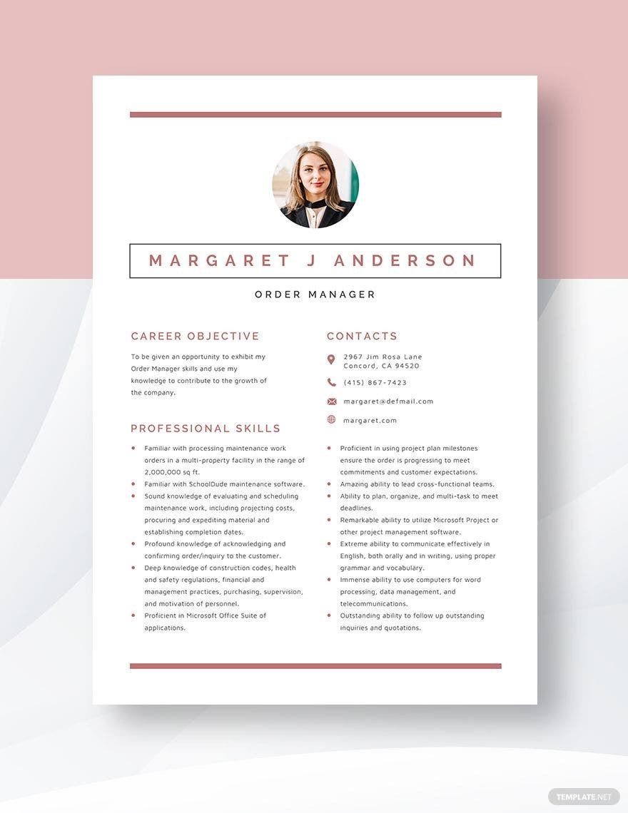 Free Order Manager Resume Template