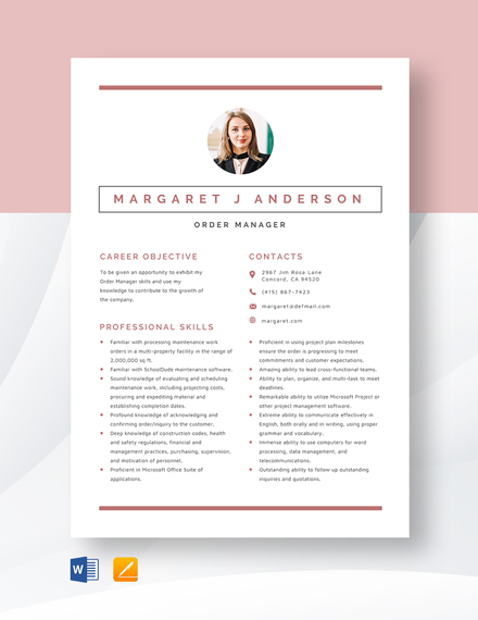 Free Order Manager Resume Template - Word, Apple Pages | Template.net