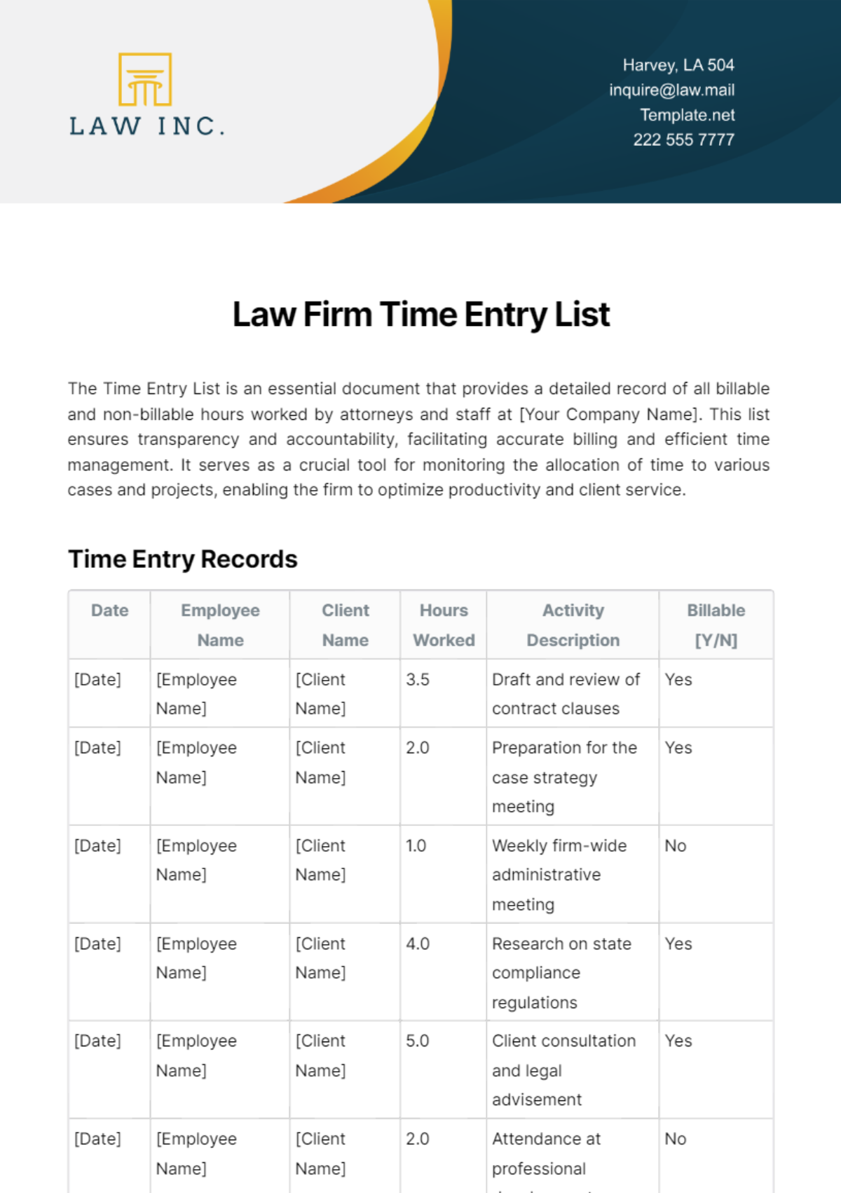 Free Law Firm Time Entry List Template