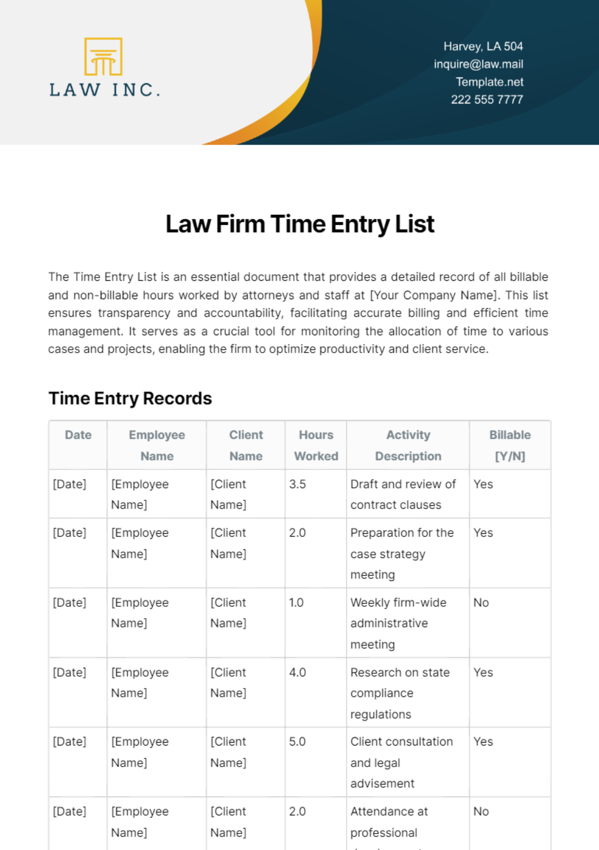 Law Firm Time Entry List Template - Edit Online & Download