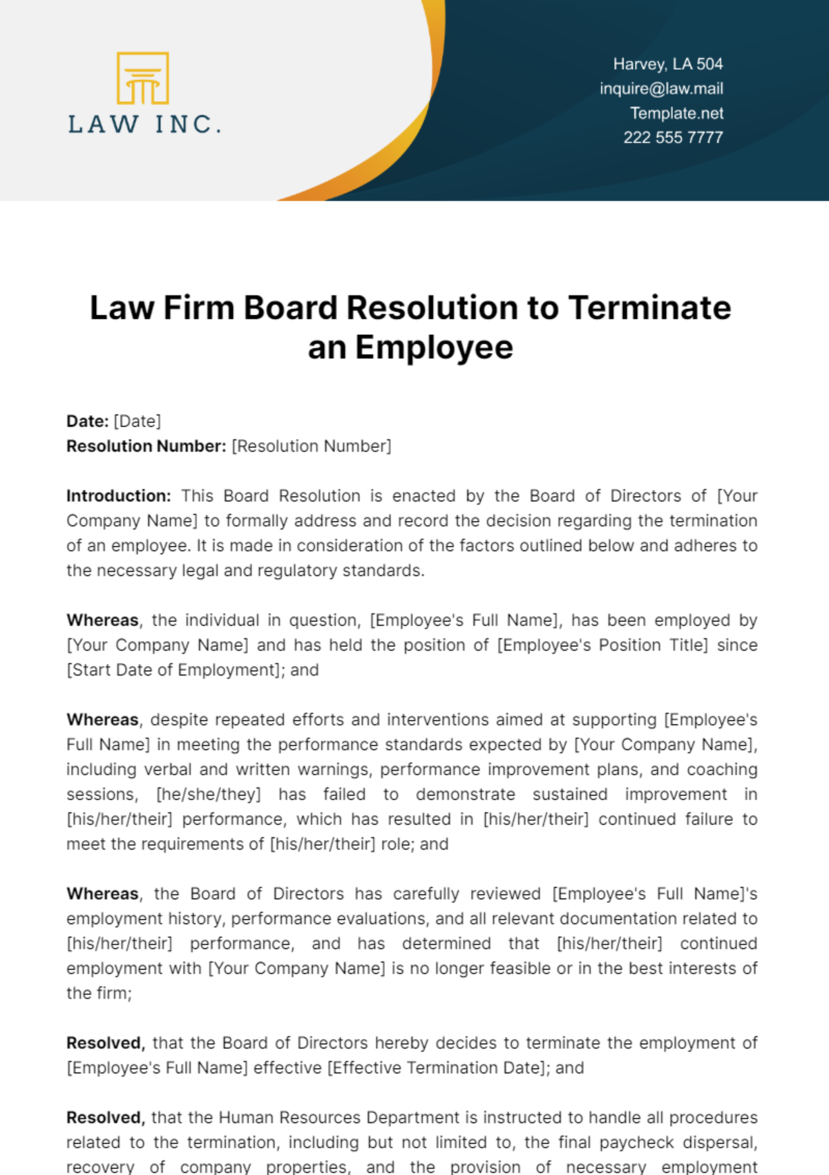 Free Law Firm Board Resolution to Terminate an Employee Template