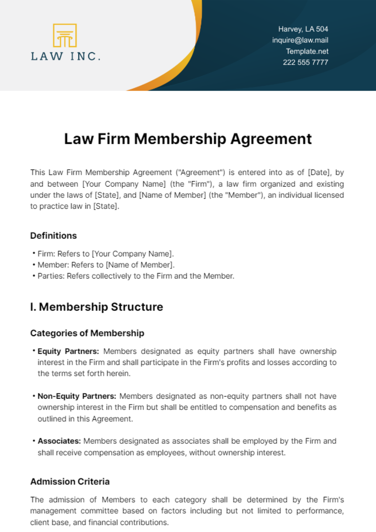 Law Firm Membership Agreement Template